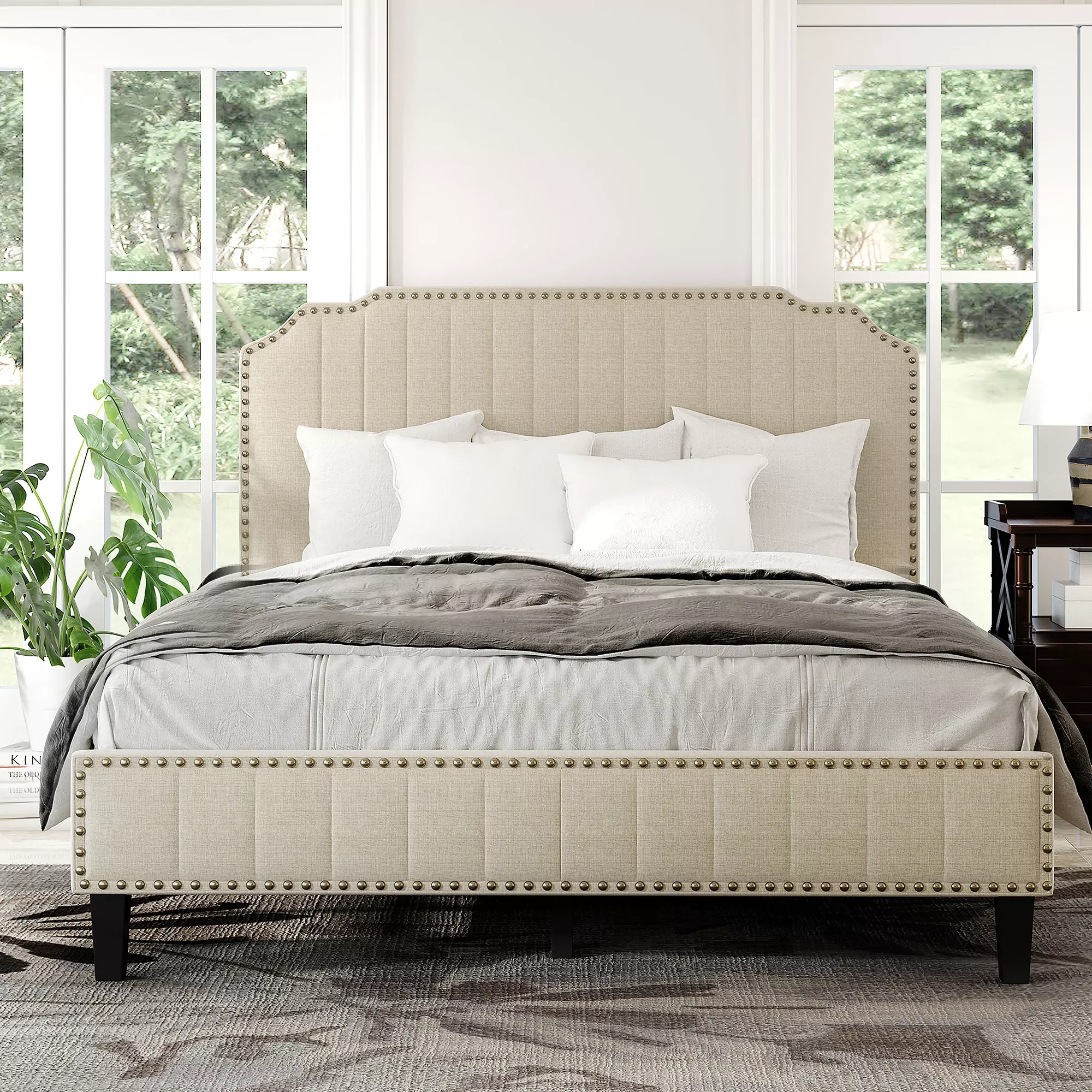 Modern Linen Platform Bed With Nailhead Trim: Style Guide